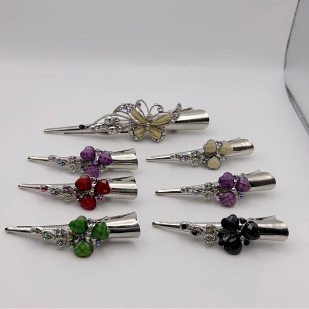 Lot of 7 Silver Tone Alligator Clips Floral Butterfly and Rhinestones Classic